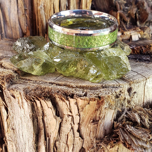 Ecto Ring - Green Apatite Crystal Inlay, Tungsten Titanium Ceramic, Men Women, Wedding Ring, His Hers Promise, Engagement Ring 8mm 6mm