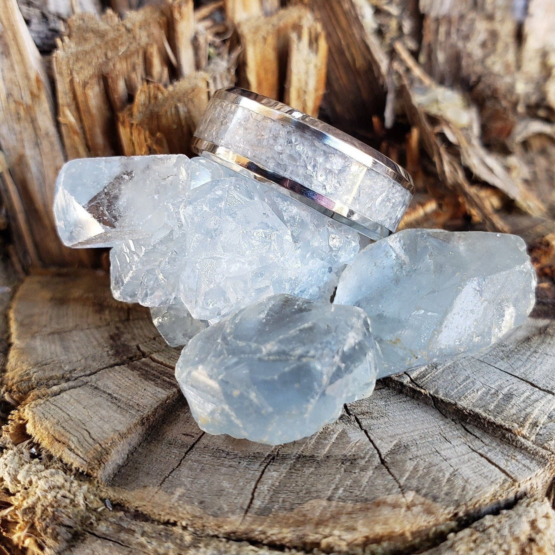 Blue Ice Ring - Celestite Crystal Inlay with Titanium, Tungsten, Black Ceramic, White Ceramic Band, 8mm