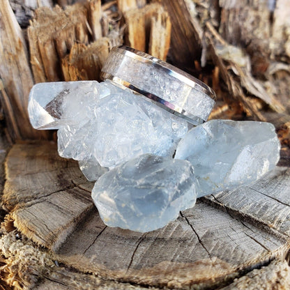 Blue Ice Ring - Celestite Crystal Inlay with Titanium, Tungsten, Black Ceramic, White Ceramic Band, 8mm