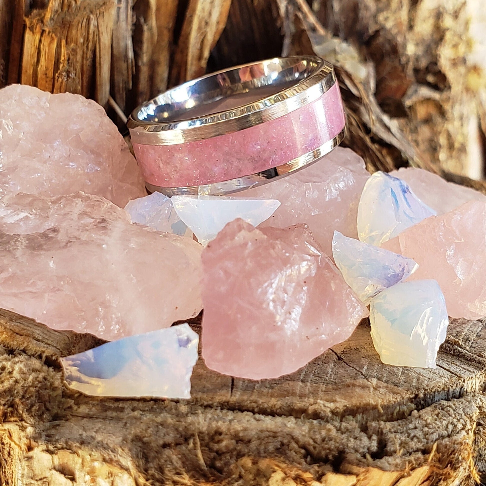 Sweet Tooth Glow Ring - Rose Quartz & Opalite Crystal Inlay with Titanium, Tungsten, Black Ceramic, White Ceramic Band, 8mm