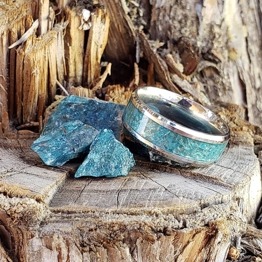 Blue Apatite - Crystal Inlay Ring, Tungsten Carbide Titanium Ceramic, Men & Women, Wedding Ring, His Hers Promise Ring, Engagement Ring