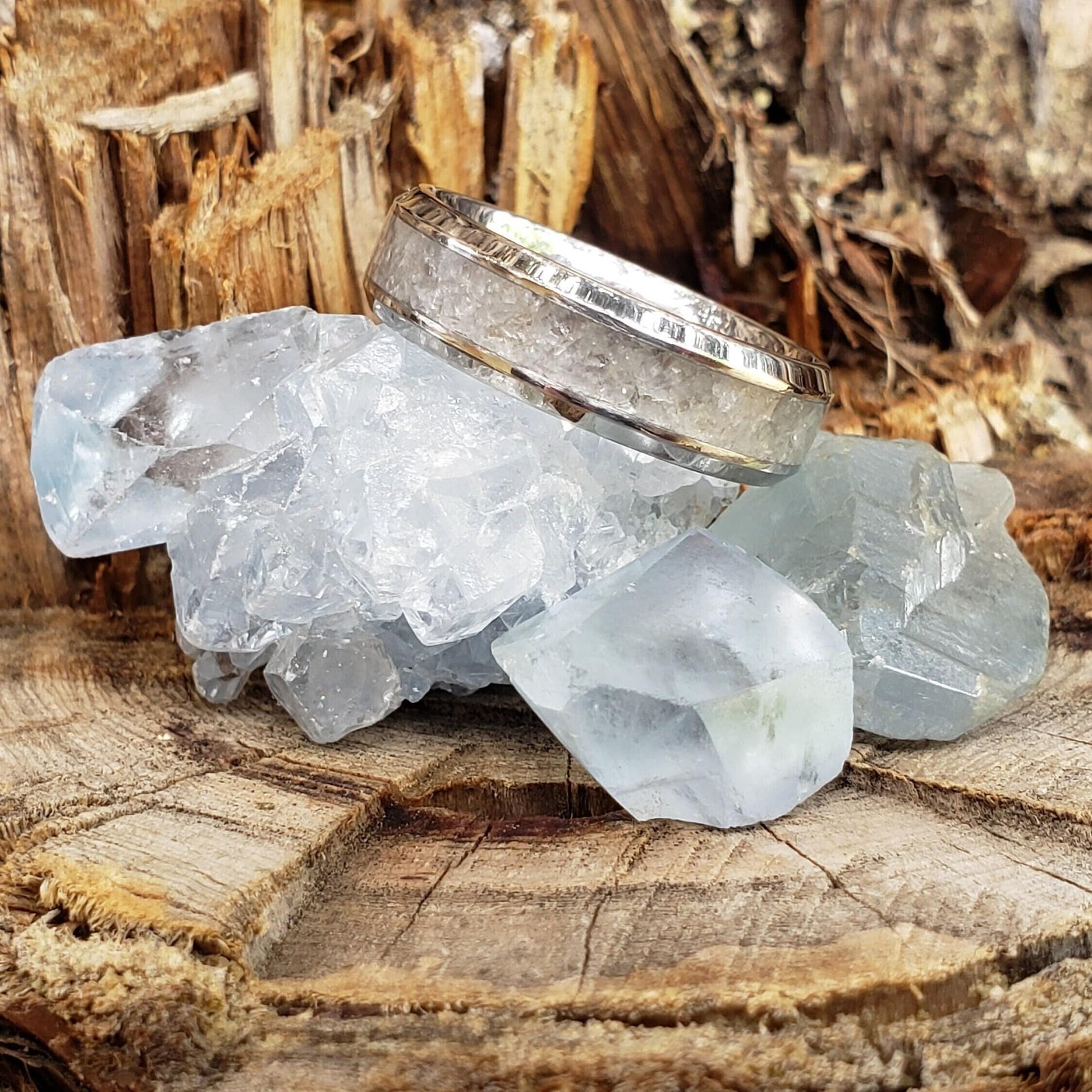 Blue Ice Ring (Slim) - Celestite Crystal Inlay 6mm Ring, Titanium Band, Men & Women, Wedding Ring, His Hers Promise Ring, Engagement Ring