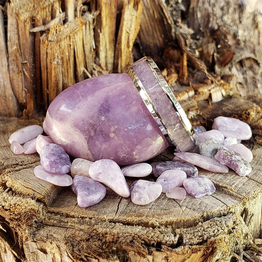 Lilac Ring - Lepidolite Crystal Inlay, Tungsten Titanium Ceramic, Men Women, Wedding Ring, His Hers Promise, Engagement Ring 8mm 6mm