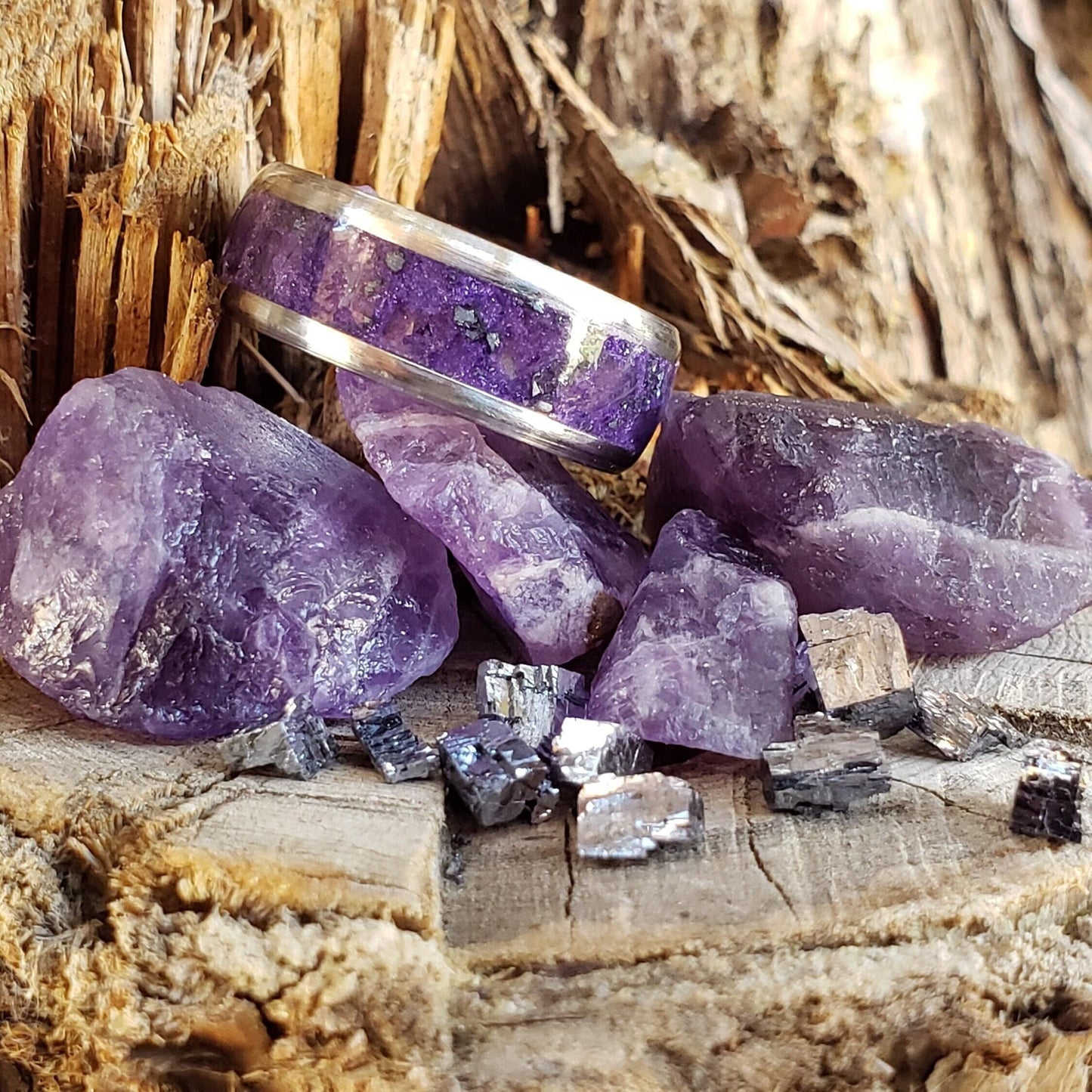 Purple Galaxy - Amethyst & Galena Crystal Inlay with Titanium, Tungsten Band, 8mm, Light or Dark Amethyst