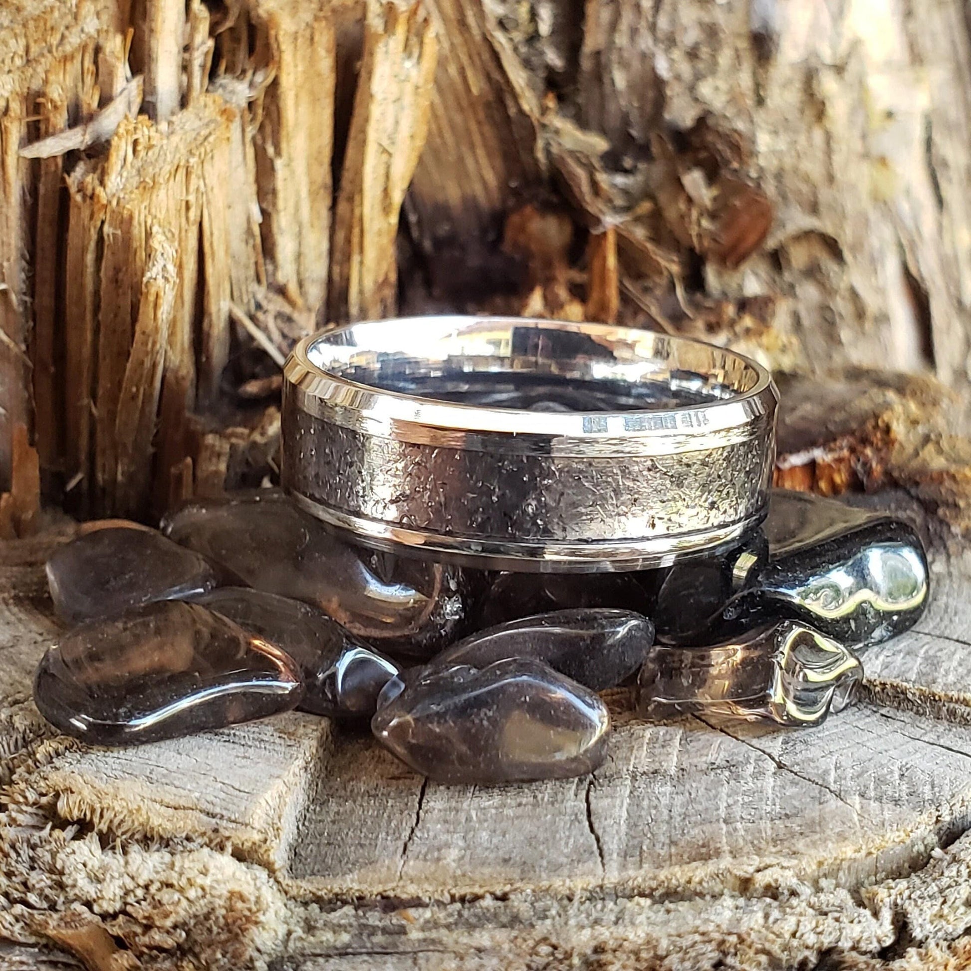 Apache Tears Ring - Crystal Inlay, Tungsten Titanium Ceramic, Men Women, Wedding Ring, His Hers Promise, Engagement Ring 8mm 6mm