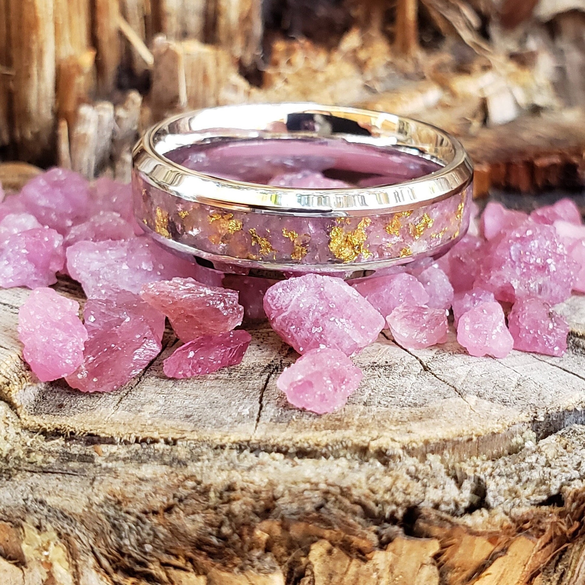 Pink Gold Ring - Pink Tourmaline & Gold Crystal Inlay, Tungsten Titanium Ceramic, Men Women, Wedding Ring, His Hers Promise, Engagement