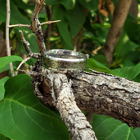 Moldavite Crystal Inlay Ring, Tungsten Carbide Titanium, Men & Women, Wedding Ring, His Hers Promise Ring, Engagement Ring