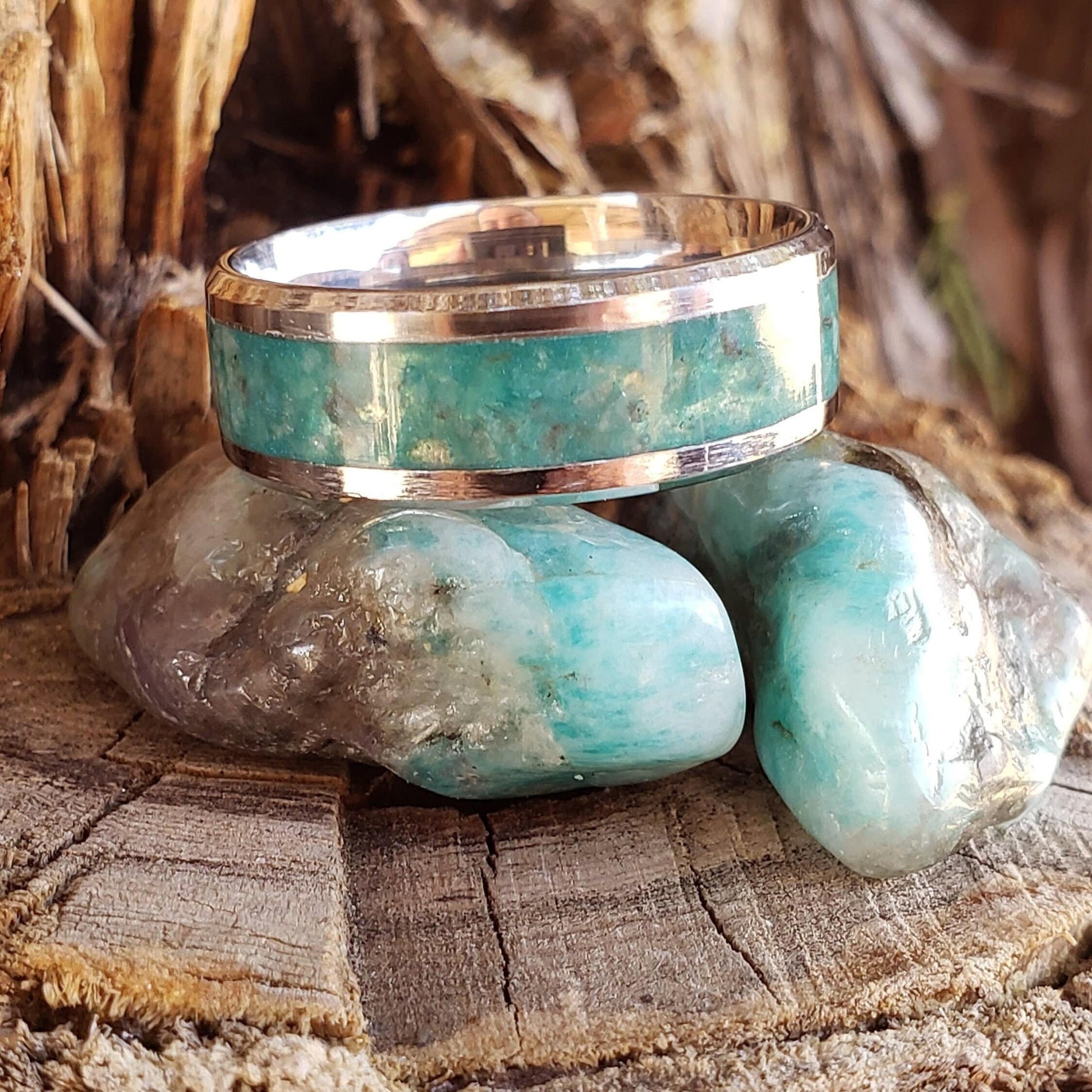 River Mist Ring - Amazonite & Smoky Quartz Crystal Inlay with Titanium, Tungsten Band, 8mm