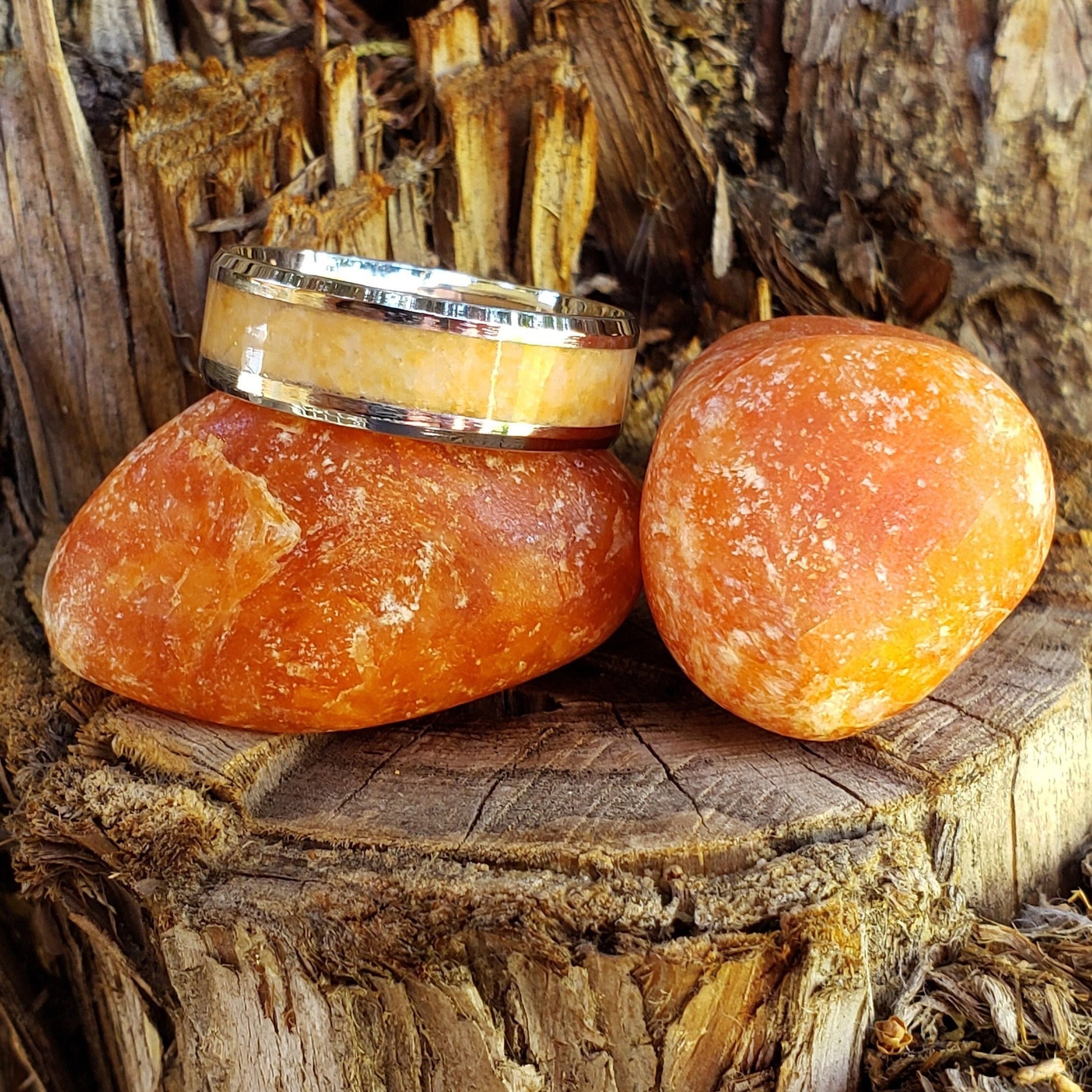 Orange Sky Ring - African Sunstone Crystal Inlay Ring, Tungsten Titanium. Ceramic, Men Women, Wedding Ring, His Hers Promise, Engagement