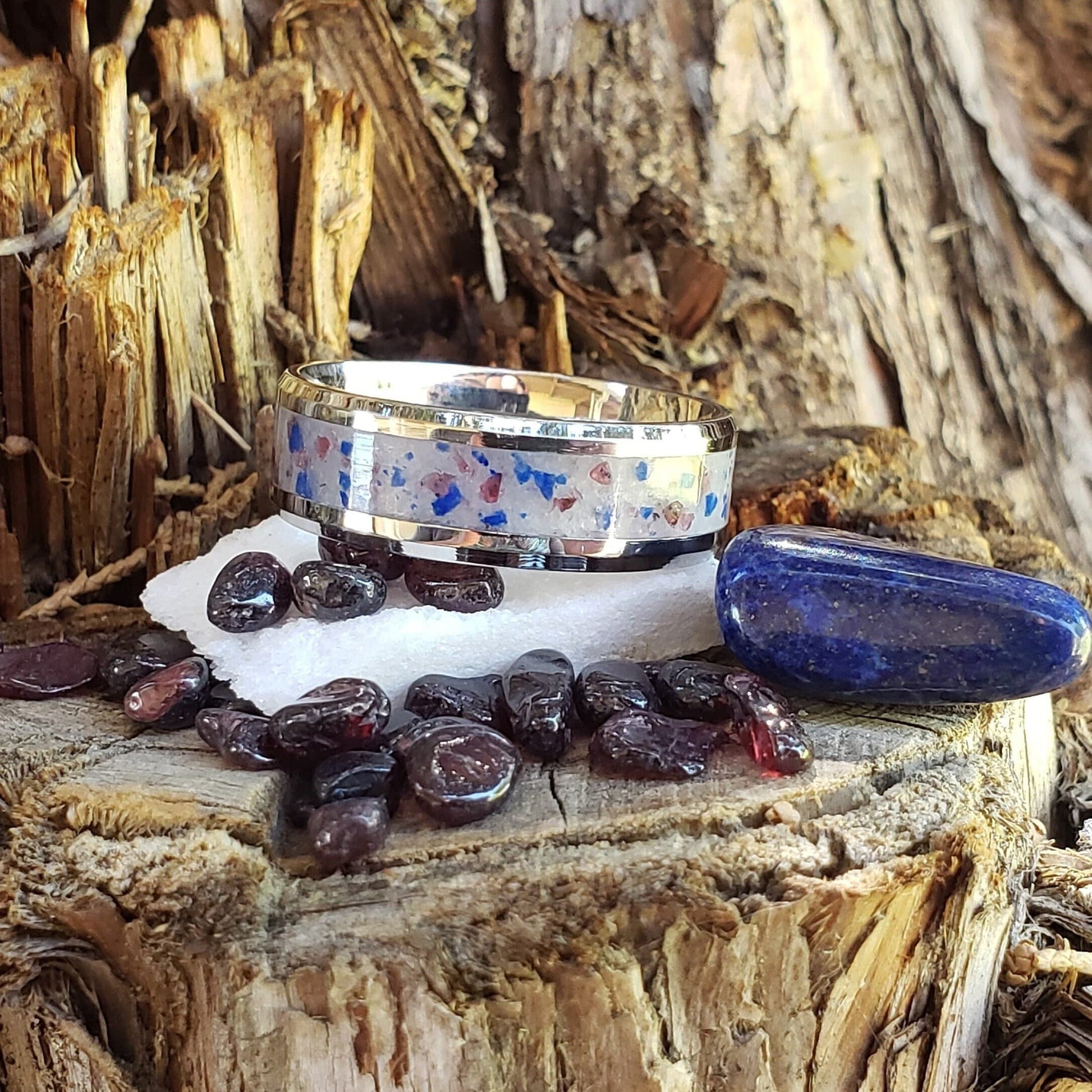 Patriot Ring - Garnet, Lapis & Marble Crystal Inlay Ring, Tungsten Titanium Ceramic, Men Women, Wedding Ring, His Hers Promise, Engagement