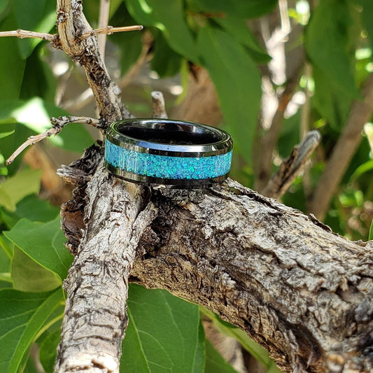 Electric Opal - Opal Crystal Inlay Ring, Tungsten Titanium Ceramic, Men & Women, Wedding Ring, His Hers Promise, Engagement Ring 8mm 6mm