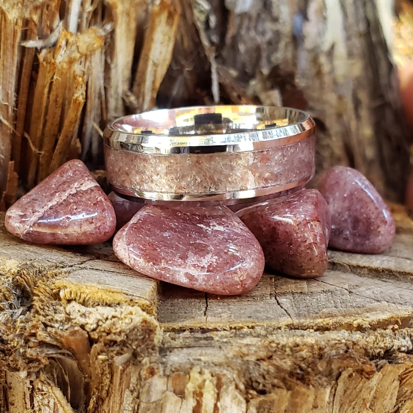 Rosé Ring - Pink Aventurine Crystal Inlay Ring, Tungsten Titanium Ceramic, Men Women, Wedding Ring, His Hers Promise, Engagement 8mm 6mm
