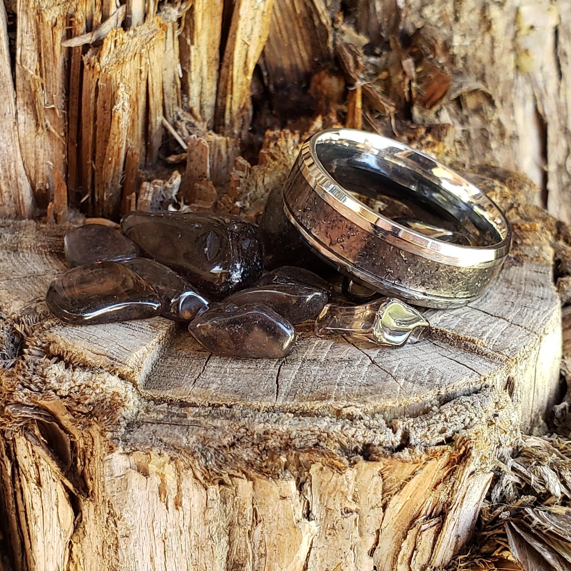 Apache Tears Ring - Crystal Inlay, Tungsten Titanium Ceramic, Men Women, Wedding Ring, His Hers Promise, Engagement Ring 8mm 6mm