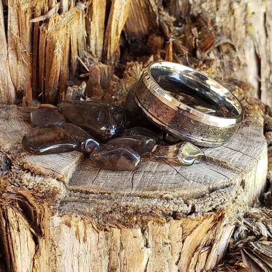 Apache Tears Ring - Crystal Inlay, Tungsten Titanium Ceramic, Men Women, Wedding Ring, His Hers Promise, Engagement Ring 8mm 6mm