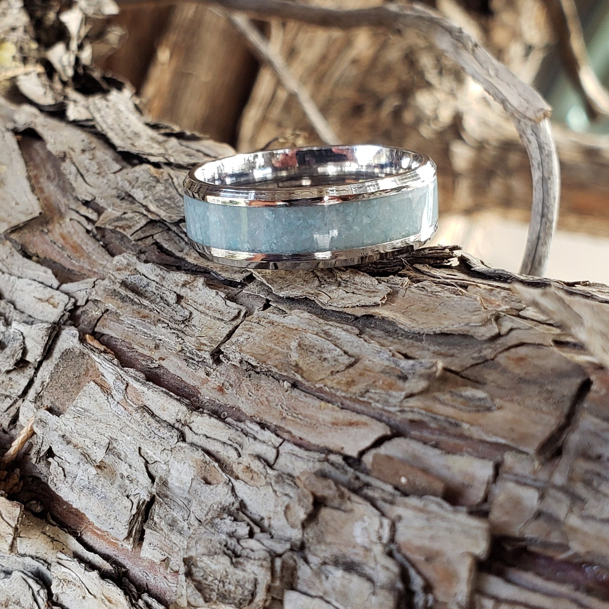 Sky Blue Ring - Blue Aragonite Crystal Inlay, Tungsten Titanium Ceramic, Men Women, Wedding Ring, His Hers Promise, Engagement Ring 8mm 6mm
