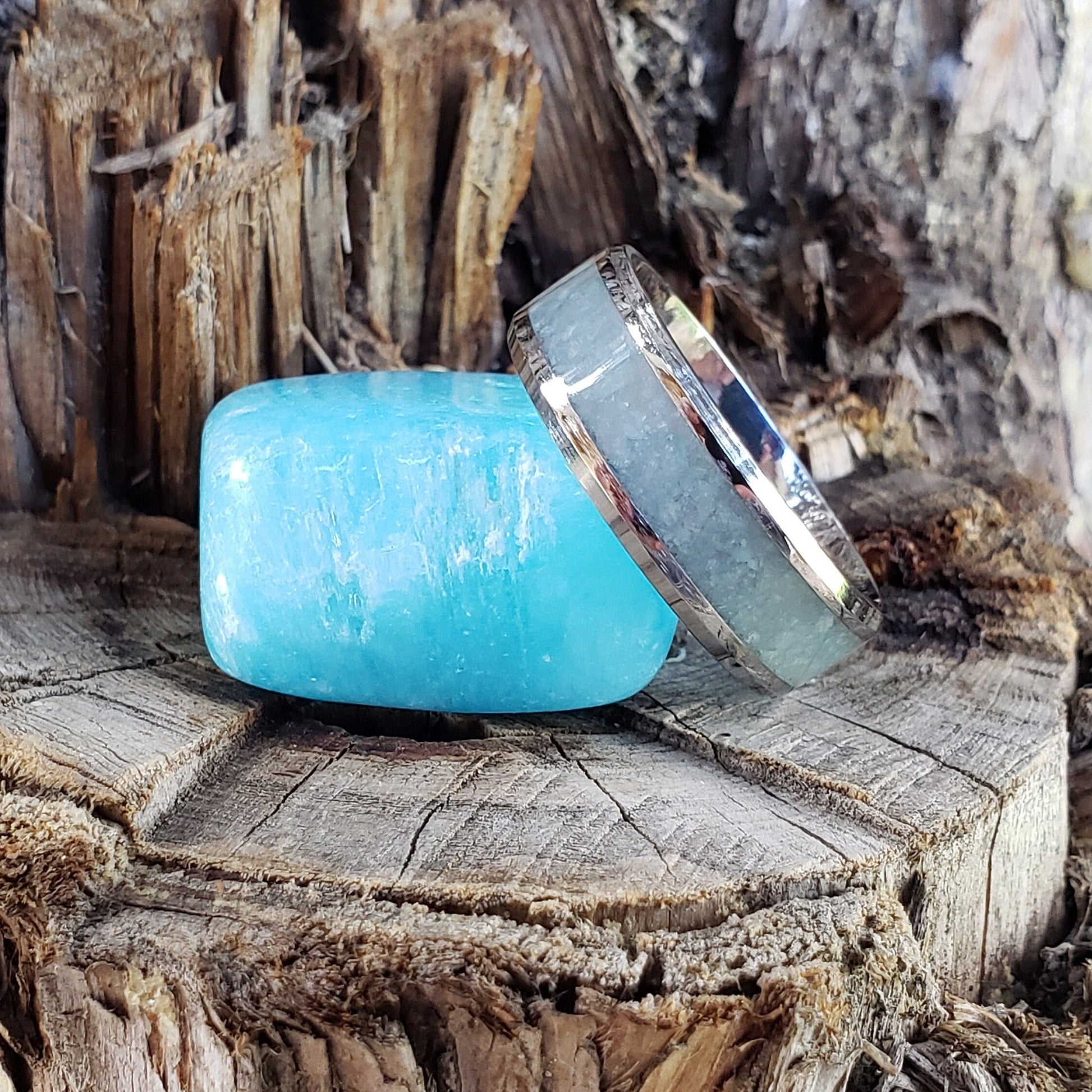 Sky Blue Ring - Blue Aragonite Crystal Inlay, Tungsten Titanium Ceramic, Men Women, Wedding Ring, His Hers Promise, Engagement Ring 8mm 6mm