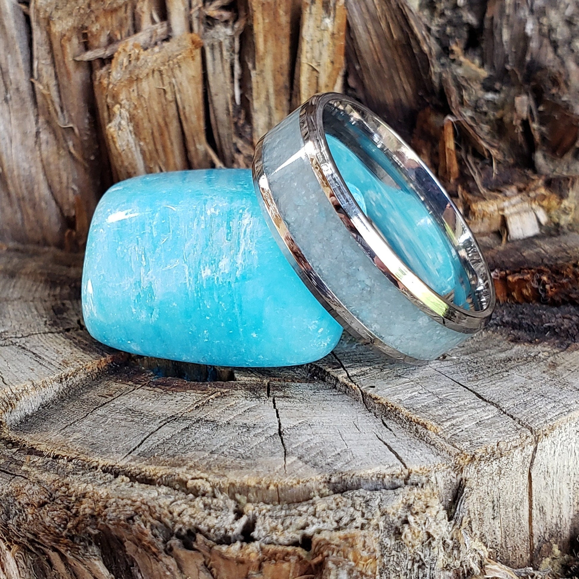 Sky Blue Ring - Blue Aragonite Crystal Inlay, Tungsten Titanium Ceramic, Men Women, Wedding Ring, His Hers Promise, Engagement Ring 8mm 6mm