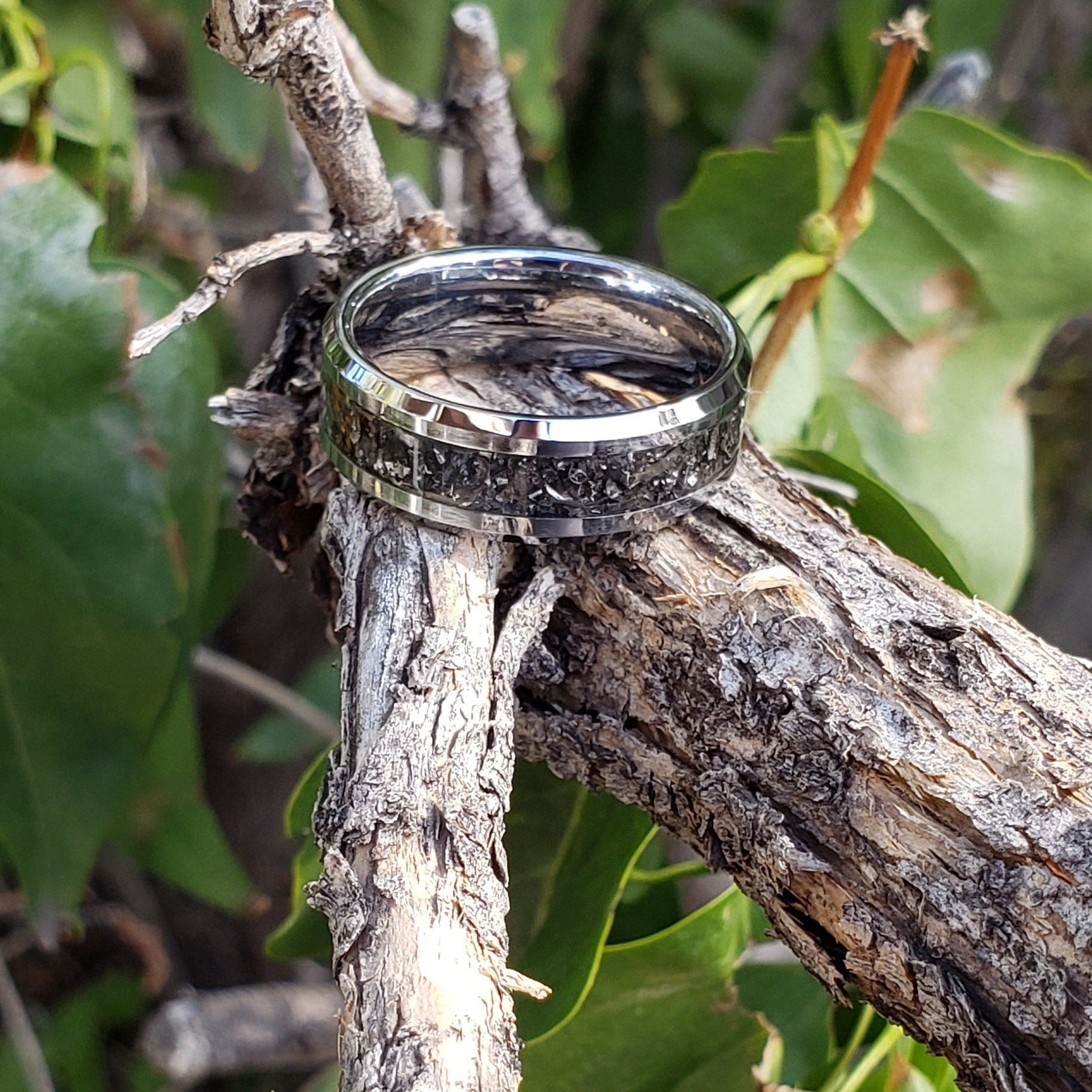 Iron Sky Ring - Gibeon Meteorite Inlay, Tungsten Titanium Ceramic, Men Women, Wedding Ring, His Hers Promise, Engagement Ring 8mm 6mm