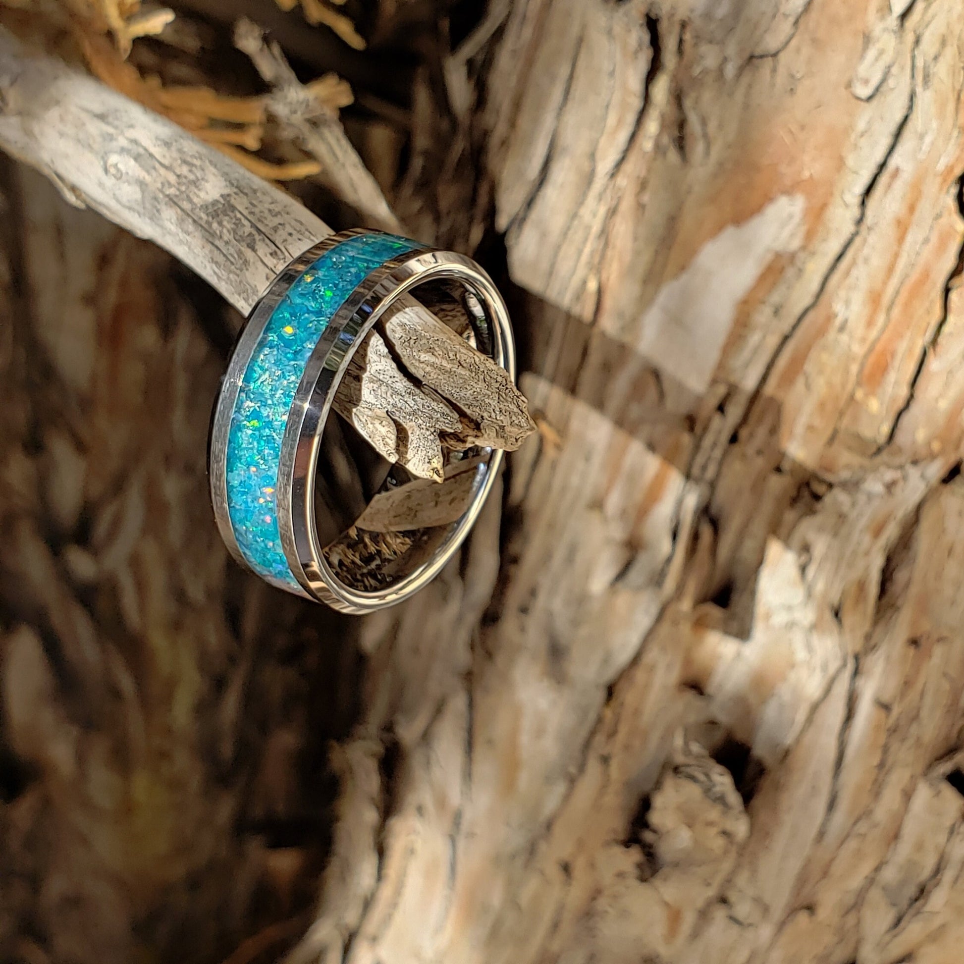 Blue Star Ring - Blue Opal Crystal Inlay, Tungsten Titanium Ceramic, Men Women, Wedding Ring, His Hers Promise, Engagement Ring 8mm 6mm