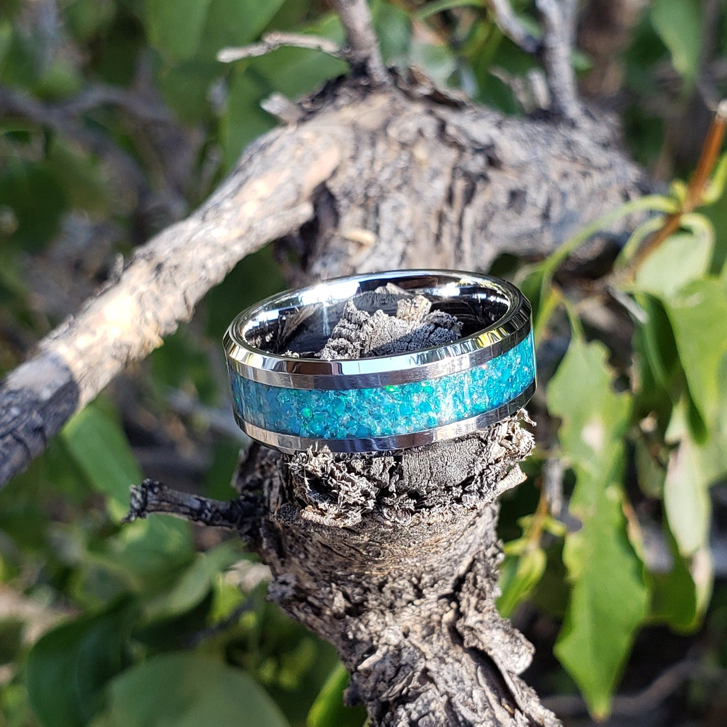 Blue Star Ring - Blue Opal Crystal Inlay, Tungsten Titanium Ceramic, Men Women, Wedding Ring, His Hers Promise, Engagement Ring 8mm 6mm