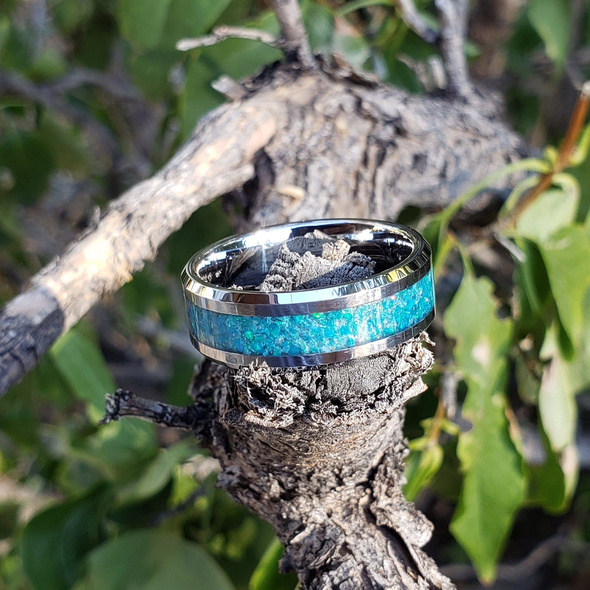 Blue Star Ring - Blue Opal Crystal Inlay, Tungsten Titanium Ceramic, Men Women, Wedding Ring, His Hers Promise, Engagement Ring 8mm 6mm