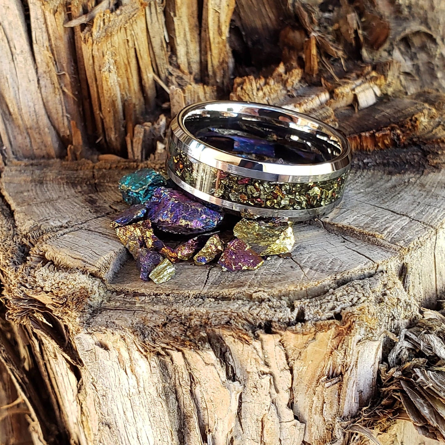 Rainbow Gold Ring - Chalcopyrite Crystal Inlay, Tungsten Titanium Ceramic, Men Women, Wedding Ring, His Hers Promise Engagement Ring 8mm 6mm