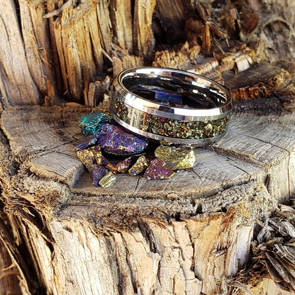 Rainbow Gold Ring - Chalcopyrite Crystal Inlay, Tungsten Titanium Ceramic, Men Women, Wedding Ring, His Hers Promise Engagement Ring 8mm 6mm