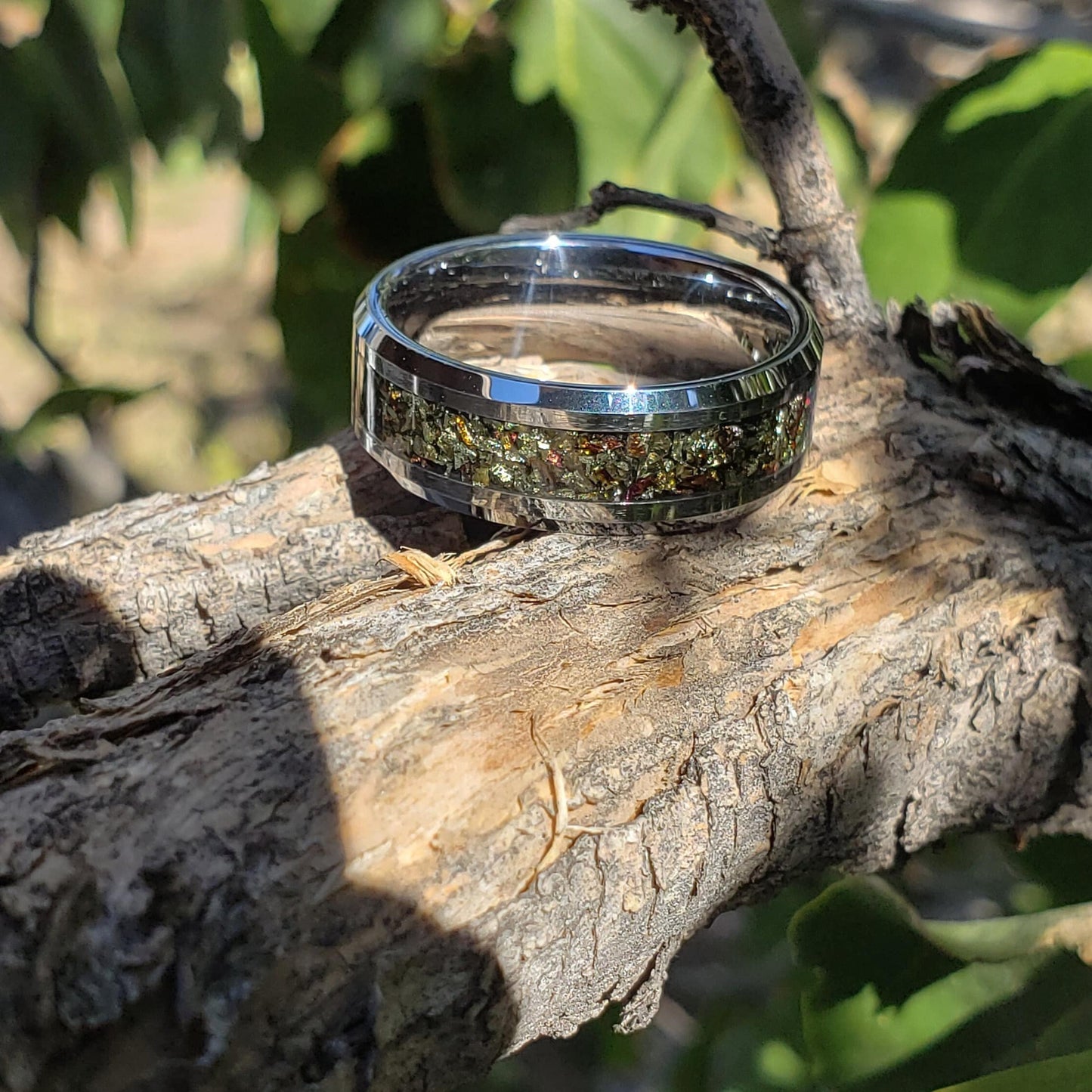 Rainbow Gold Ring - Chalcopyrite Crystal Inlay, Tungsten Titanium Ceramic, Men Women, Wedding Ring, His Hers Promise Engagement Ring 8mm 6mm