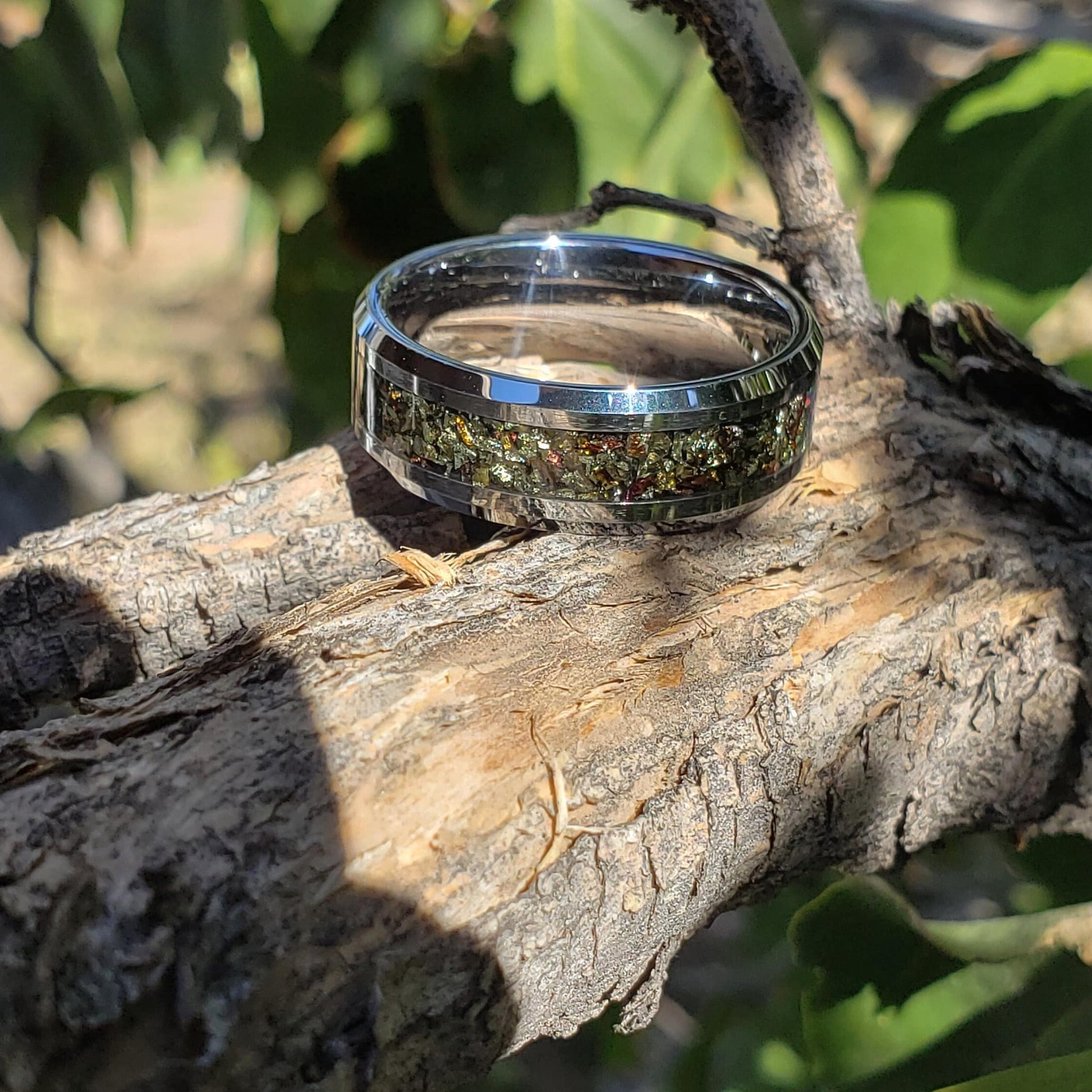 Rainbow Gold Ring - Chalcopyrite Crystal Inlay, Tungsten Titanium Ceramic, Men Women, Wedding Ring, His Hers Promise Engagement Ring 8mm 6mm
