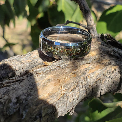 Rainbow Gold Ring - Chalcopyrite Crystal Inlay, Tungsten Titanium Ceramic, Men Women, Wedding Ring, His Hers Promise Engagement Ring 8mm 6mm