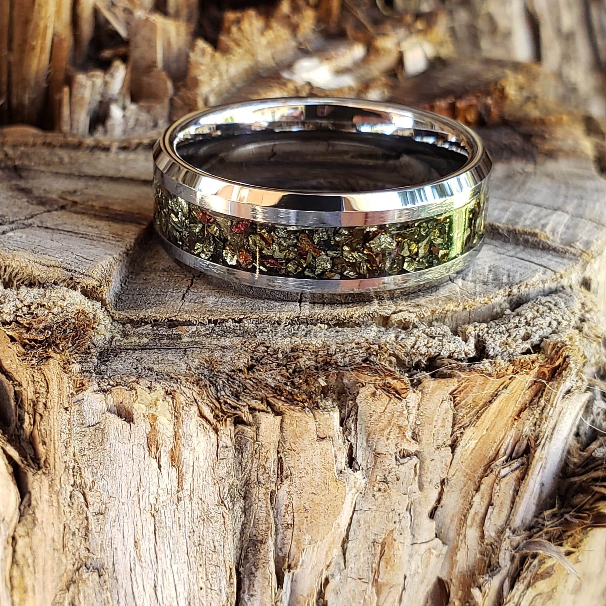 Rainbow Gold Ring - Chalcopyrite Crystal Inlay, Tungsten Titanium Ceramic, Men Women, Wedding Ring, His Hers Promise Engagement Ring 8mm 6mm