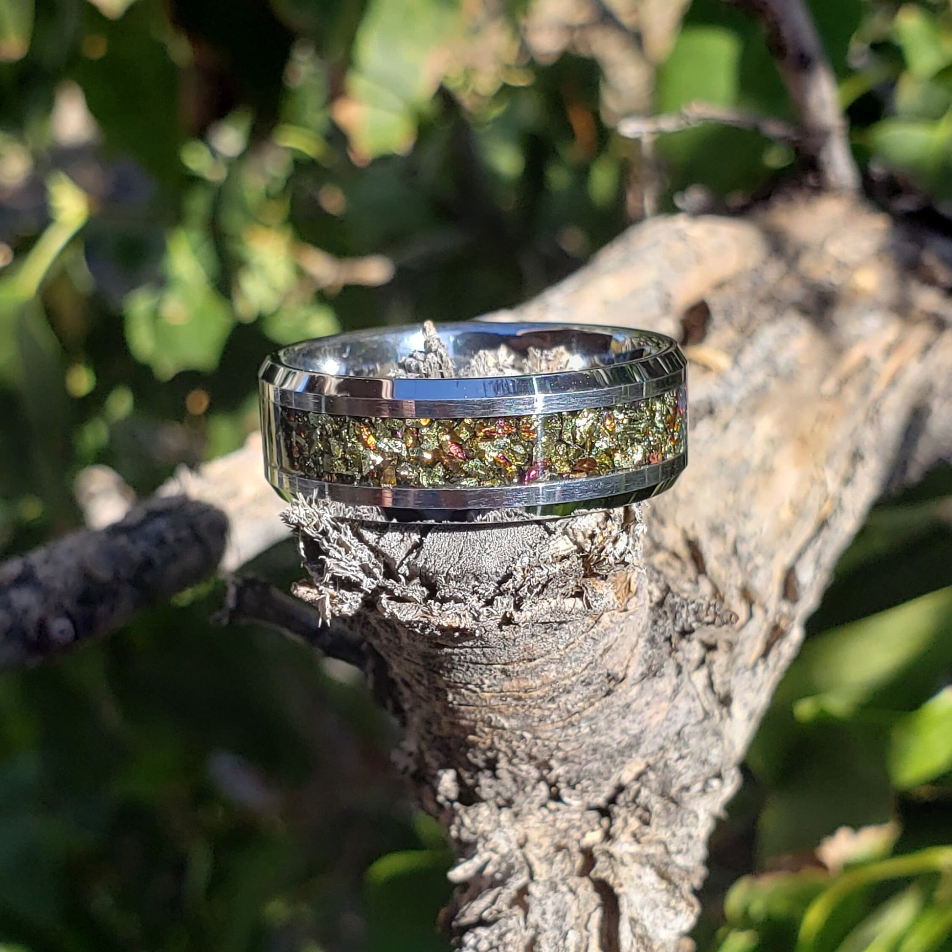 Rainbow Gold Ring - Chalcopyrite Crystal Inlay, Tungsten Titanium Ceramic, Men Women, Wedding Ring, His Hers Promise Engagement Ring 8mm 6mm