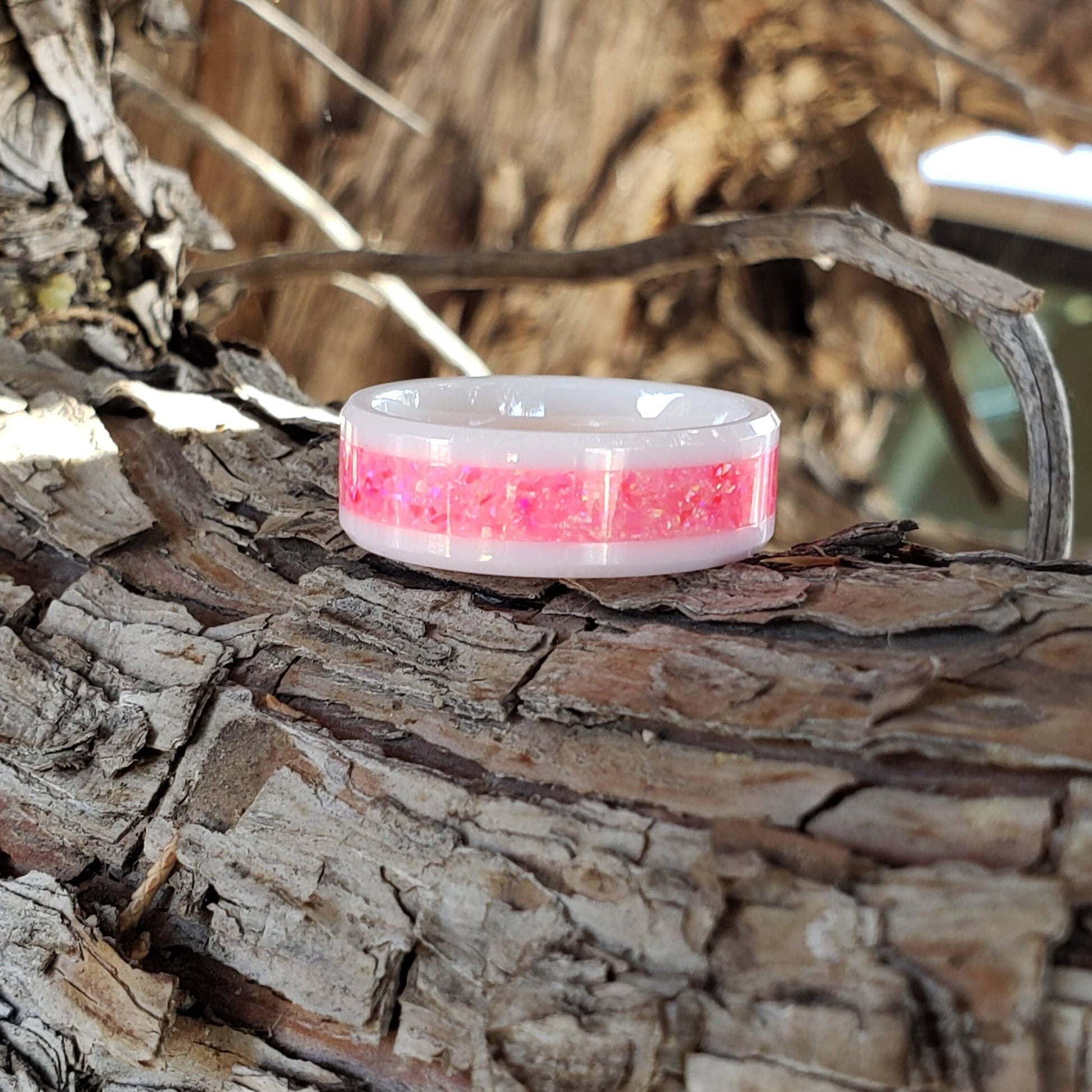Dream Ring - Hot Pink Opal Crystal Inlay, Tungsten Titanium Ceramic, Men Women, Wedding Ring, His Hers Promise, Engagement Ring 8mm 6mm