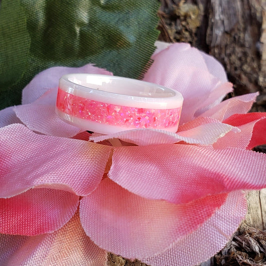 Dream Ring - Hot Pink Opal Crystal Inlay, Tungsten Titanium Ceramic, Men Women, Wedding Ring, His Hers Promise, Engagement Ring 8mm 6mm