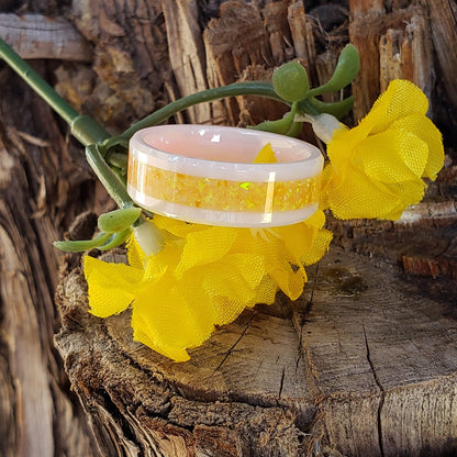 Marigold Ring - Yellow Opal Crystal Inlay, Tungsten Titanium Ceramic, Men Women, Wedding Ring, His Hers Promise, Engagement Ring 8mm 6mm