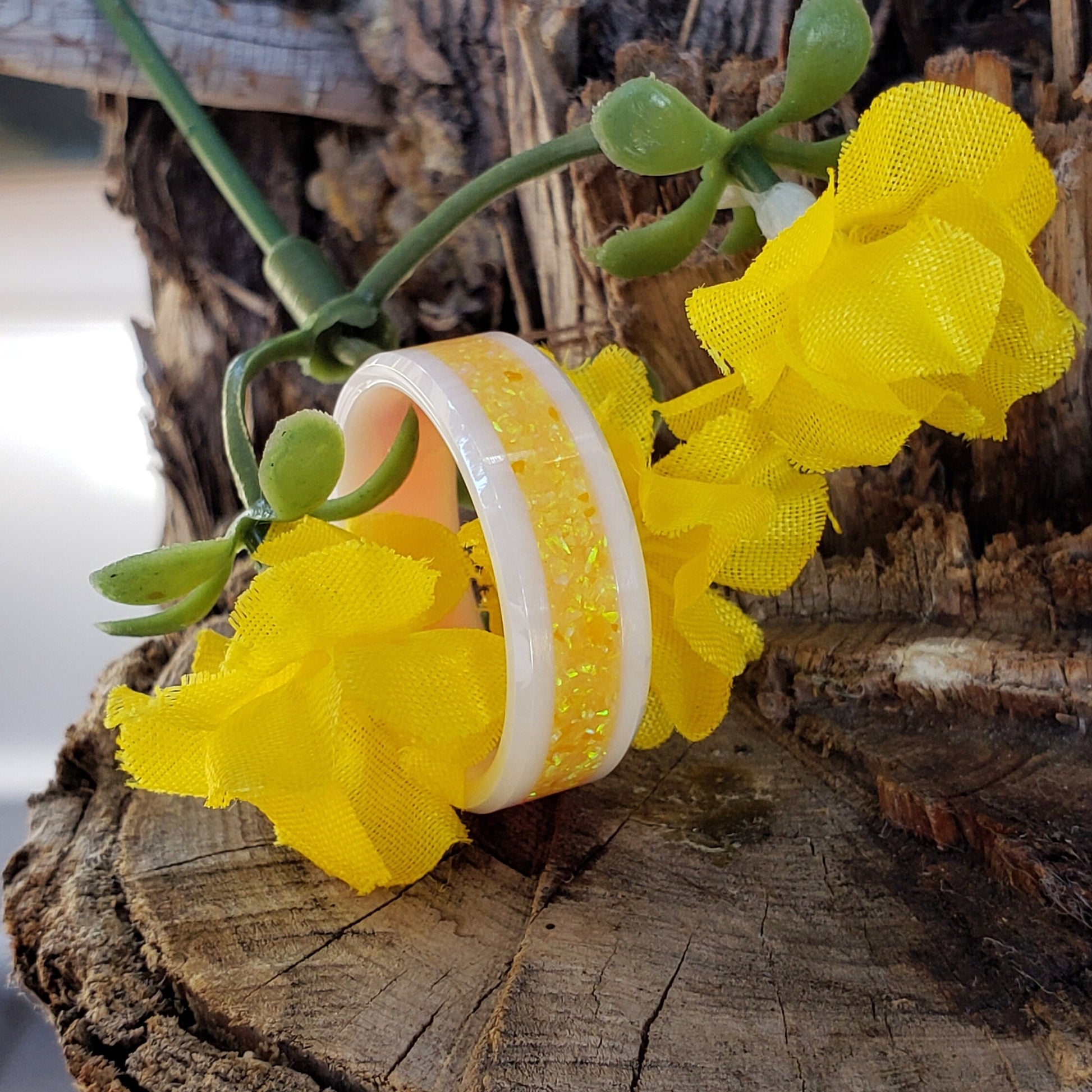 Marigold Ring - Yellow Opal Crystal Inlay, Tungsten Titanium Ceramic, Men Women, Wedding Ring, His Hers Promise, Engagement Ring 8mm 6mm