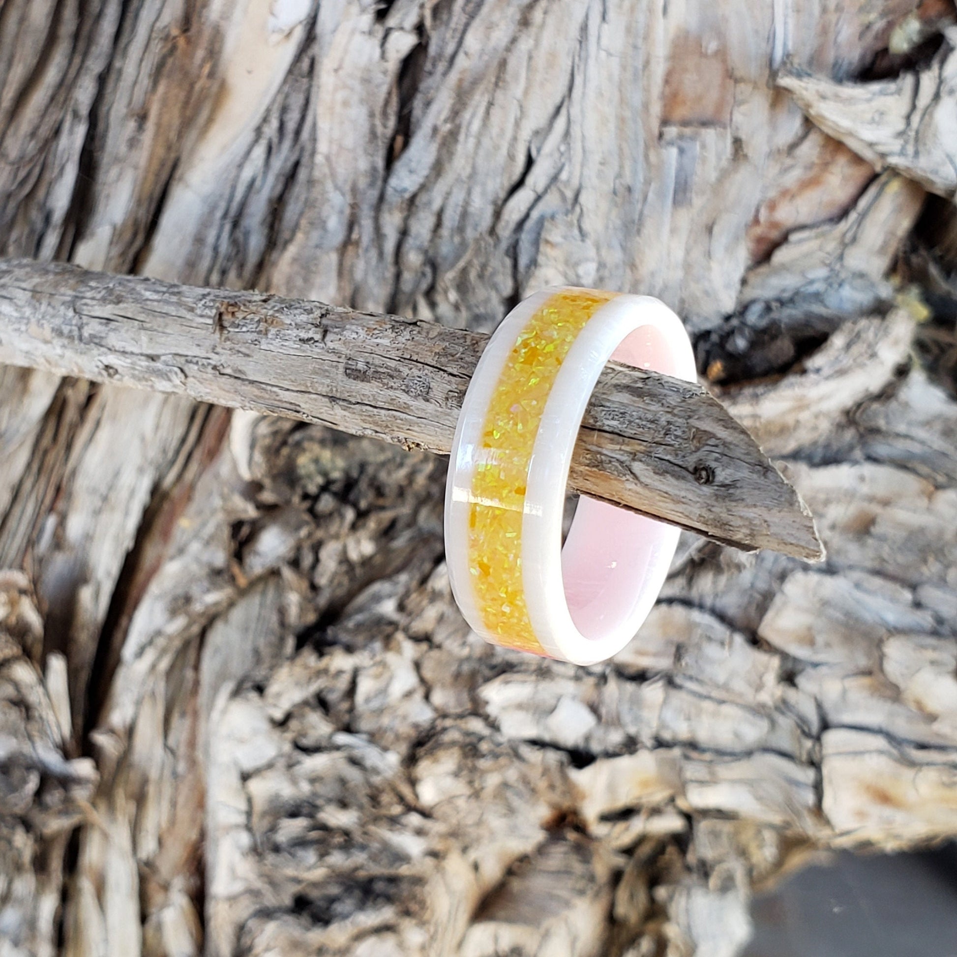 Marigold Ring - Yellow Opal Crystal Inlay, Tungsten Titanium Ceramic, Men Women, Wedding Ring, His Hers Promise, Engagement Ring 8mm 6mm