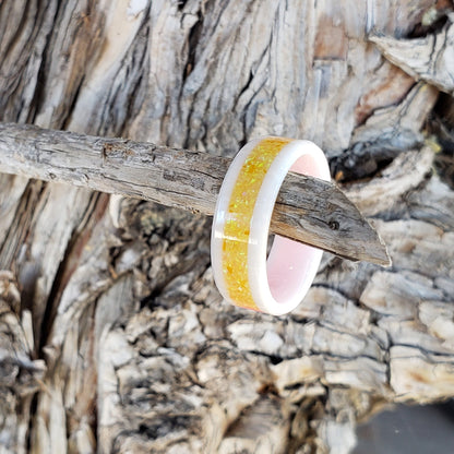 Marigold Ring - Yellow Opal Crystal Inlay, Tungsten Titanium Ceramic, Men Women, Wedding Ring, His Hers Promise, Engagement Ring 8mm 6mm