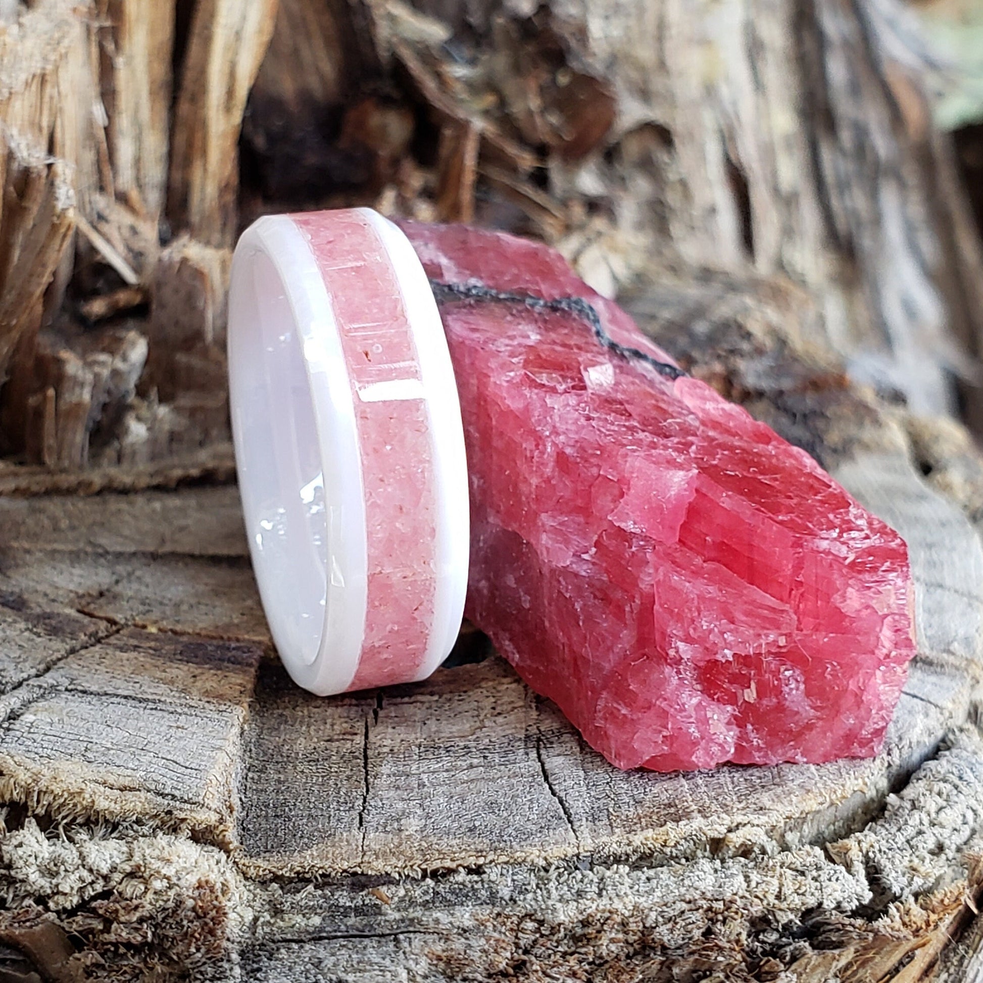 Arctic Rose Ring - Rhodonite Crystal Inlay, Tungsten Titanium Ceramic, Men Women, Wedding Ring, His Hers Promise, Engagement Rings 8mm 6mm