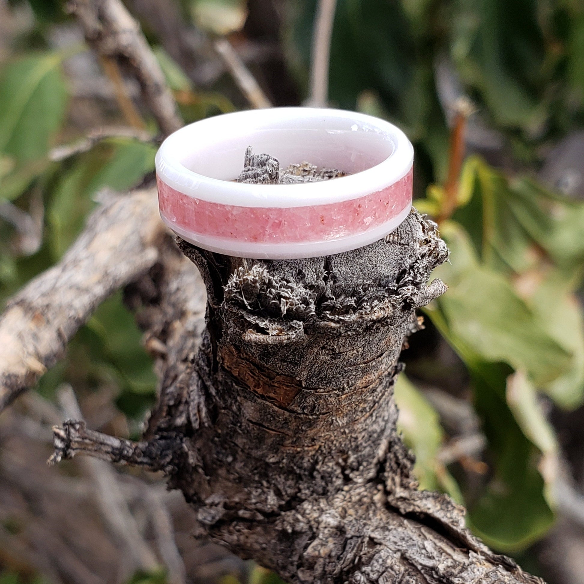 Arctic Rose Ring - Rhodonite Crystal Inlay, Tungsten Titanium Ceramic, Men Women, Wedding Ring, His Hers Promise, Engagement Rings 8mm 6mm