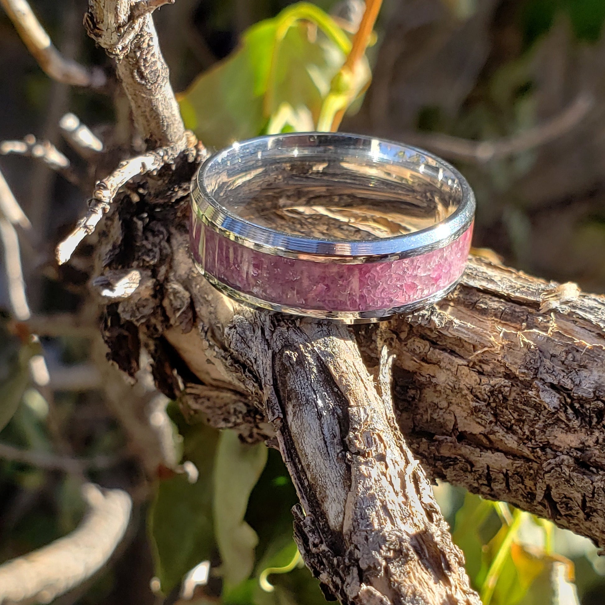Desire Ring - Pink Ruby Crystal Inlay, Tungsten Titanium Ceramic, Men Women, Wedding Ring, His Hers Promise, Engagement Ring 8mm 6mm