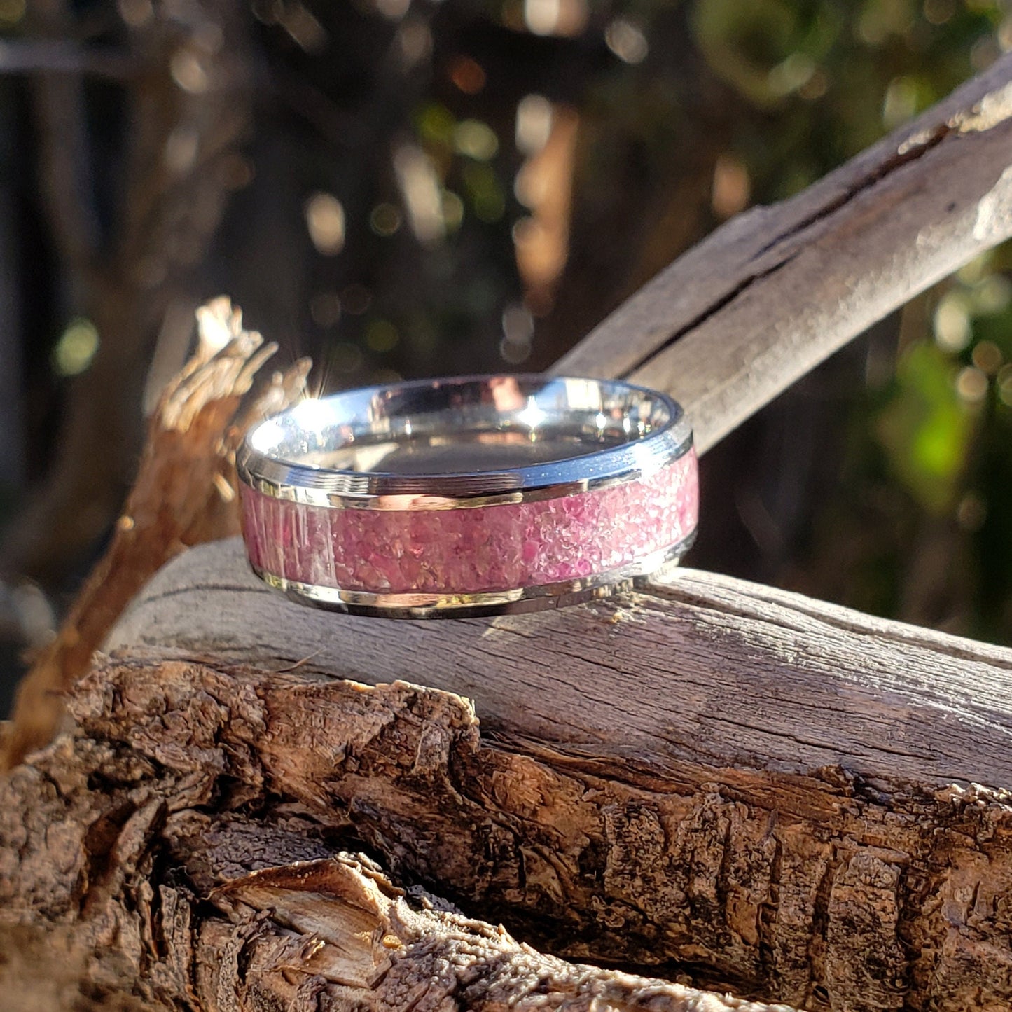 Desire Ring - Pink Ruby Crystal Inlay, Tungsten Titanium Ceramic, Men Women, Wedding Ring, His Hers Promise, Engagement Ring 8mm 6mm