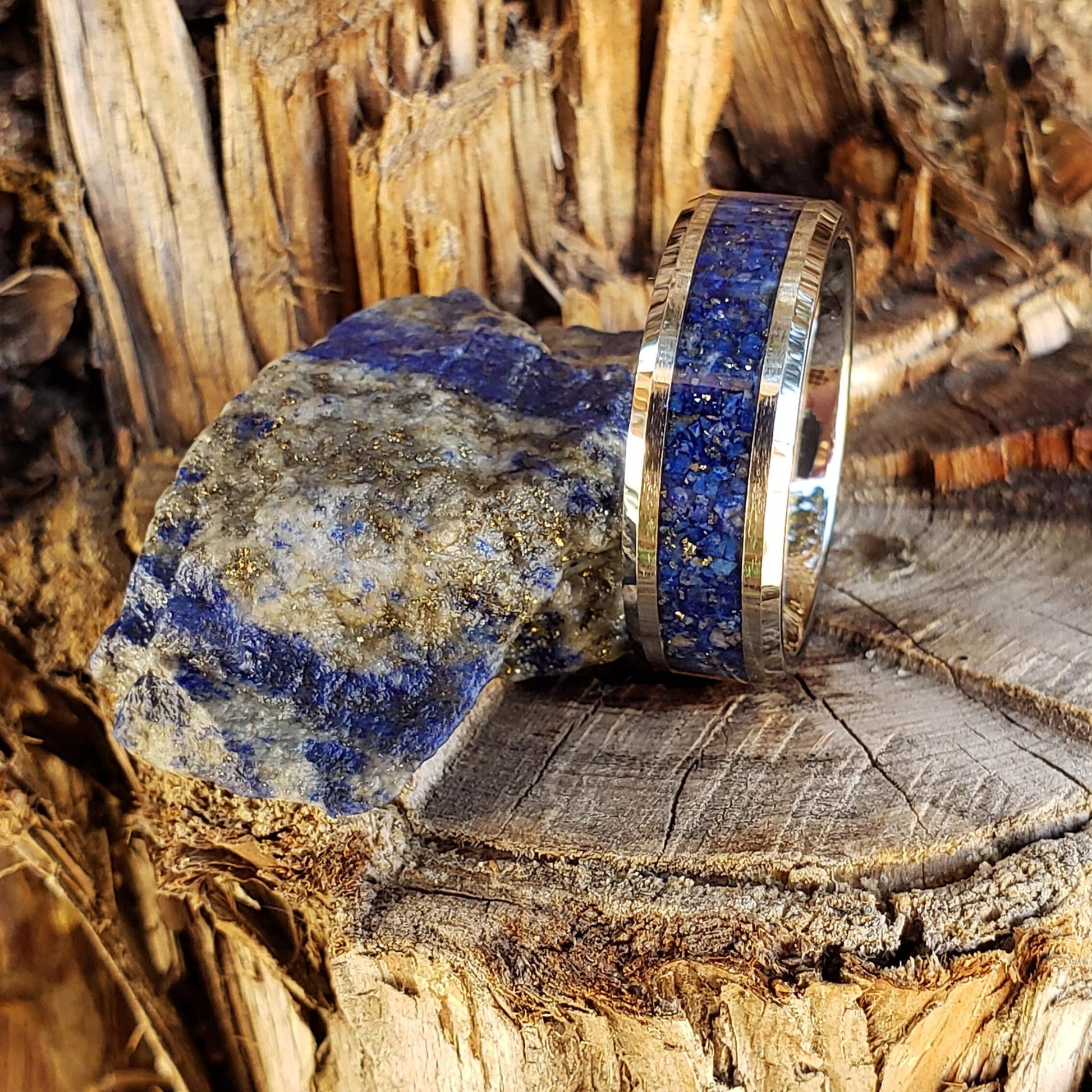 Royalty Ring - Lapis Lazuli Crystal Inlay, Tungsten Titanium Ceramic, Men Women, Wedding Ring, His Hers Promise, Engagement Ring 8mm 6mm
