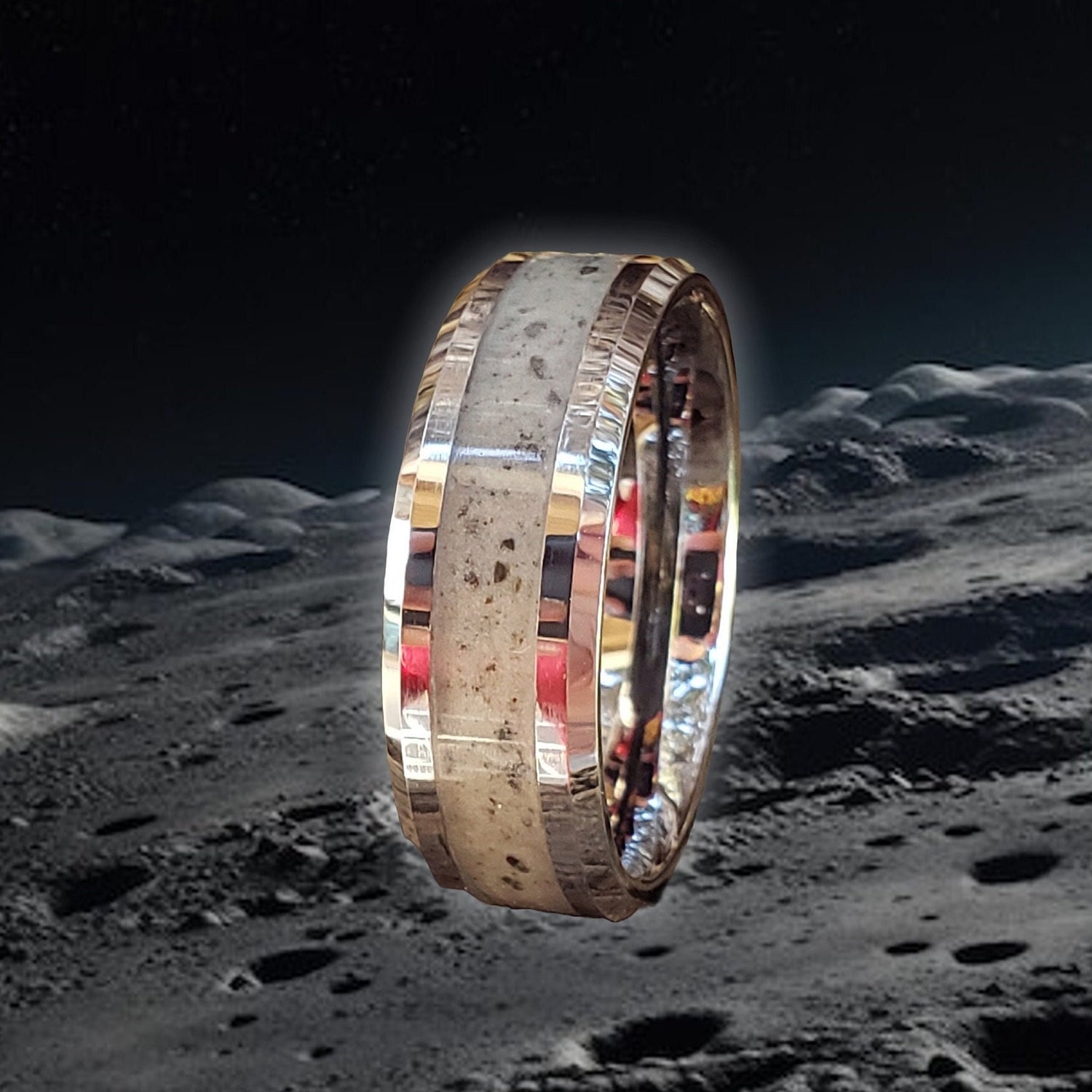 Moonlight Glow Ring - Lunar (Moon) Dust Inlay, Tungsten Titanium Ceramic, Men Women, Wedding Ring, His Hers Promise, Engagement Ring 8mm 6mm
