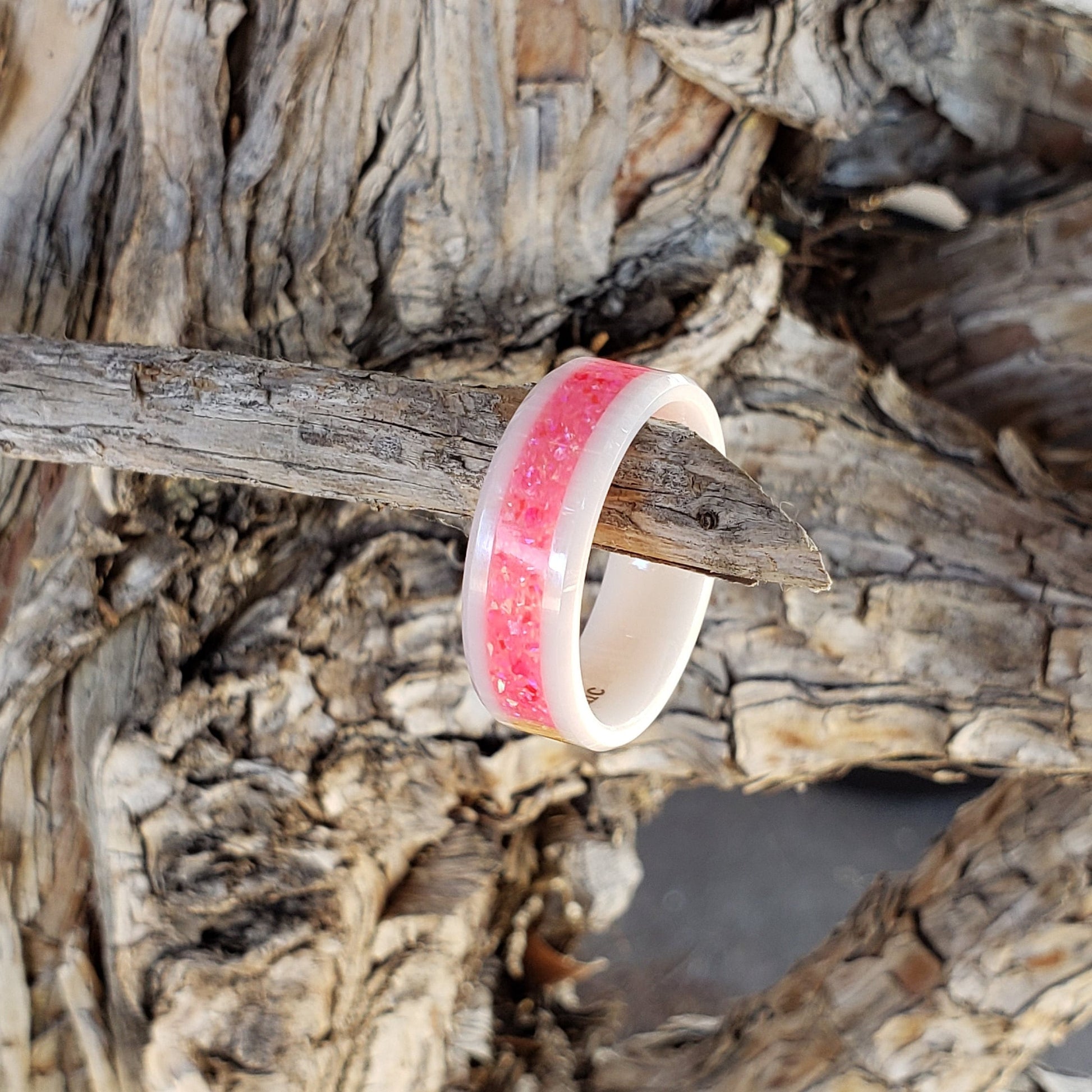Dream Ring - Hot Pink Opal Crystal Inlay, Tungsten Titanium Ceramic, Men Women, Wedding Ring, His Hers Promise, Engagement Ring 8mm 6mm