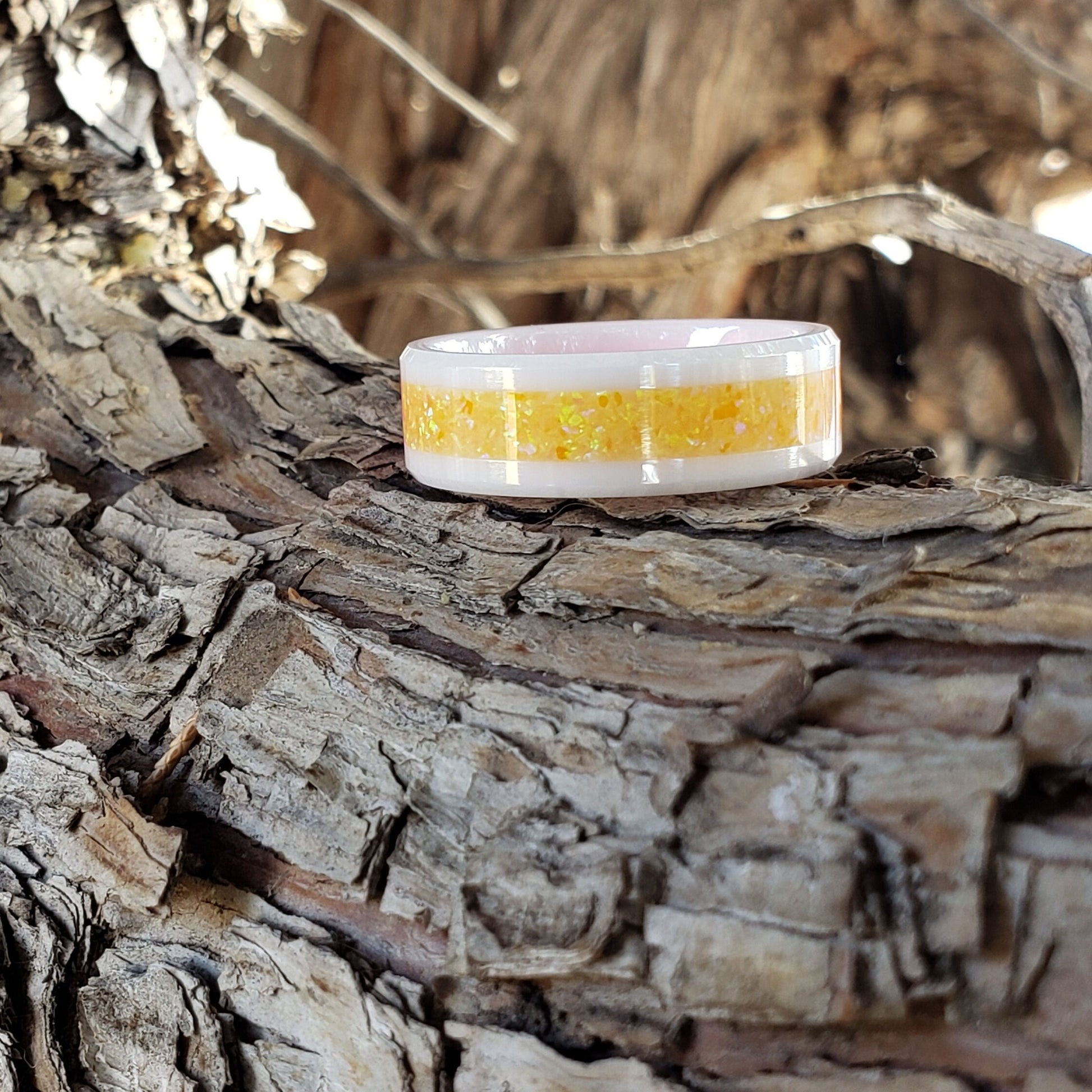 Marigold Ring - Yellow Opal Crystal Inlay, Tungsten Titanium Ceramic, Men Women, Wedding Ring, His Hers Promise, Engagement Ring 8mm 6mm