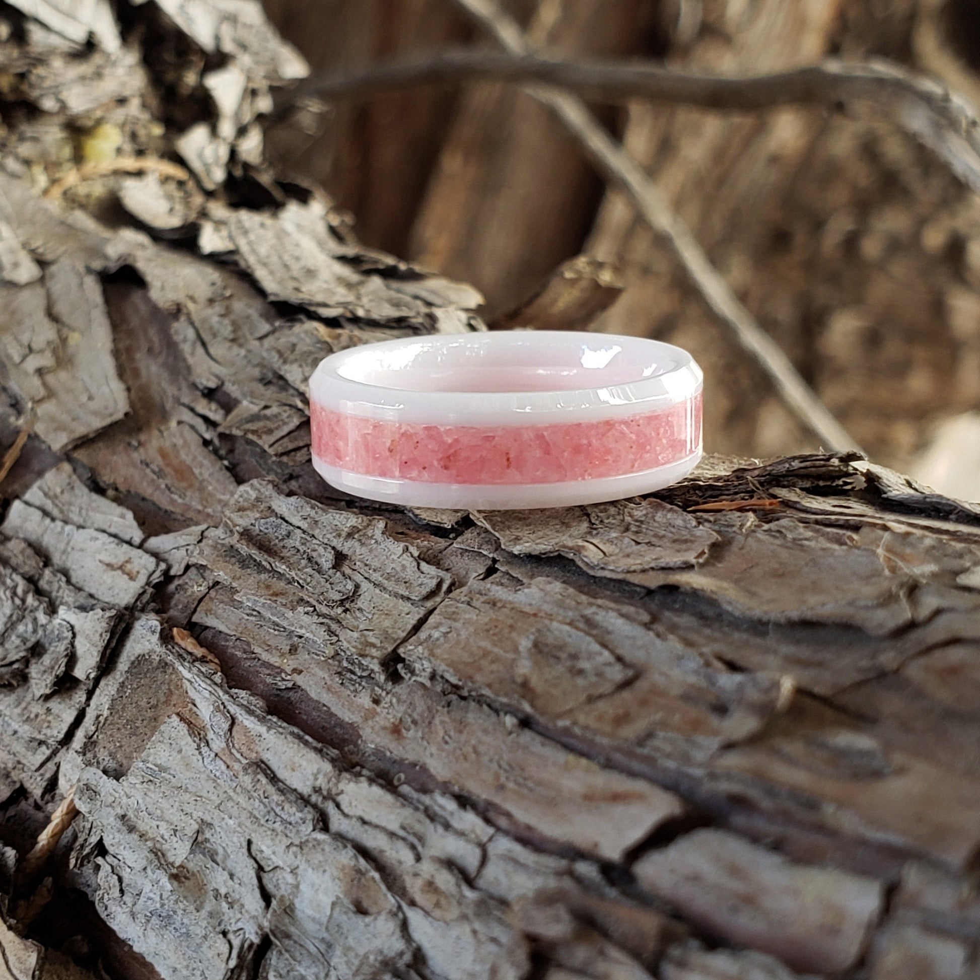 Arctic Rose Ring - Rhodonite Crystal Inlay, Tungsten Titanium Ceramic, Men Women, Wedding Ring, His Hers Promise, Engagement Rings 8mm 6mm