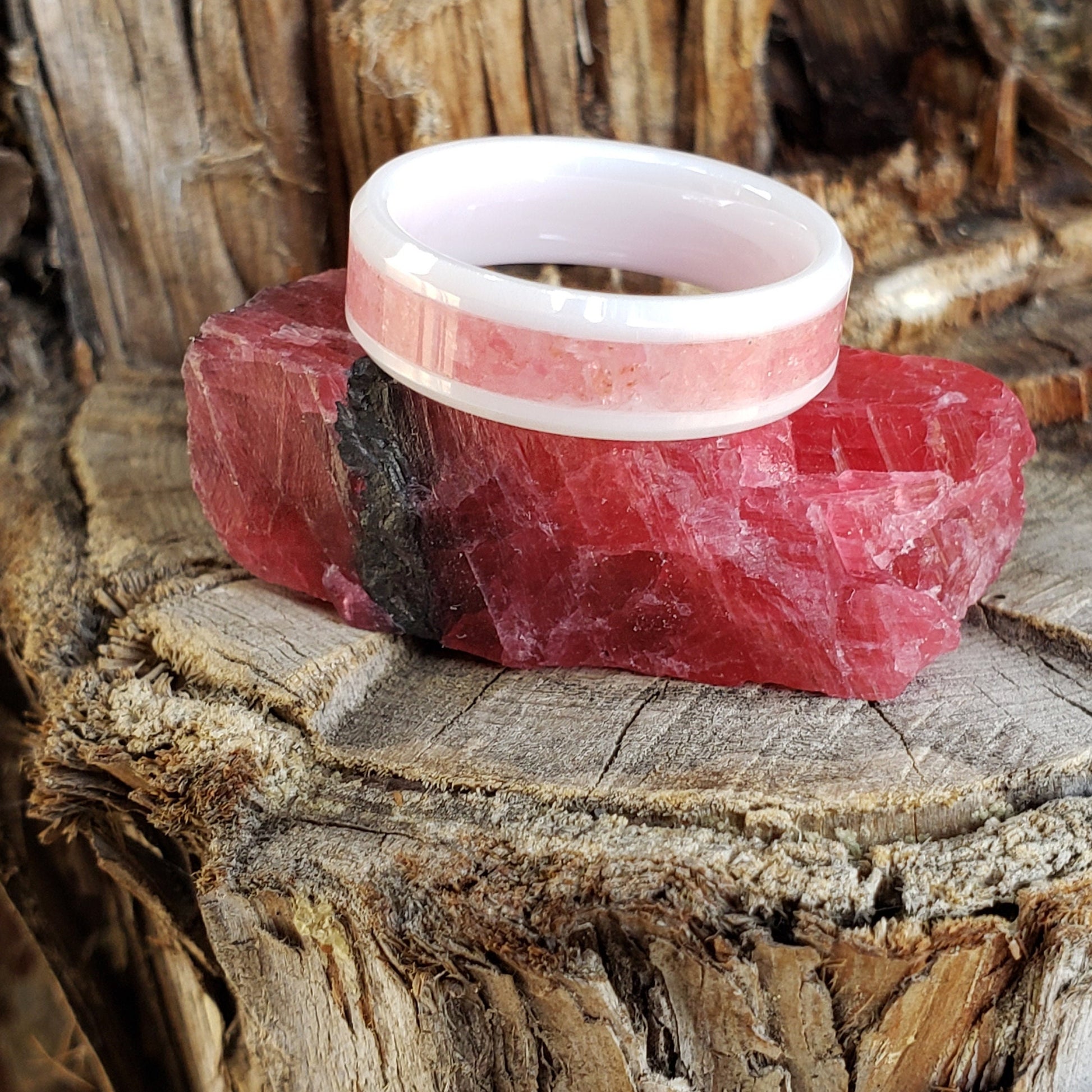 Arctic Rose Ring - Rhodonite Crystal Inlay, Tungsten Titanium Ceramic, Men Women, Wedding Ring, His Hers Promise, Engagement Rings 8mm 6mm