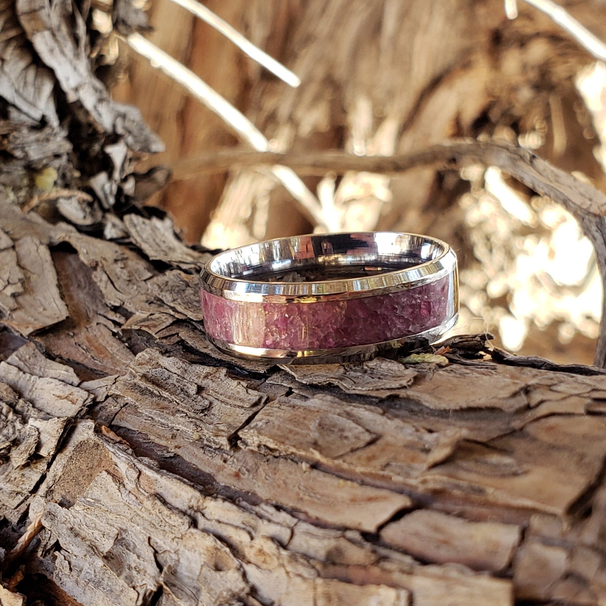 Desire Ring - Pink Ruby Crystal Inlay, Tungsten Titanium Ceramic, Men Women, Wedding Ring, His Hers Promise, Engagement Ring 8mm 6mm