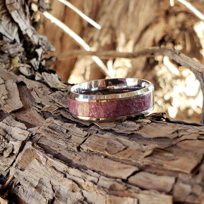 Desire Ring - Pink Ruby Crystal Inlay, Tungsten Titanium Ceramic, Men Women, Wedding Ring, His Hers Promise, Engagement Ring 8mm 6mm